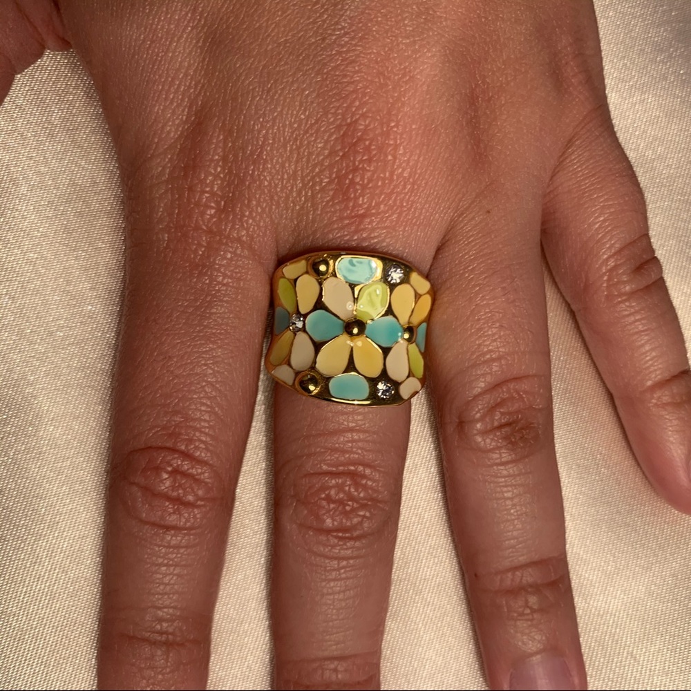 GF flower ring with pink and blue enamel and CZs